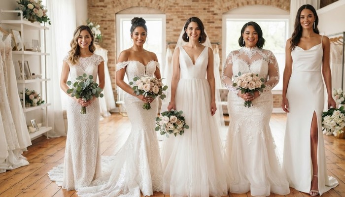Diverse group of bridal silhouettes highlighting options for different body shapes like hourglass and pear